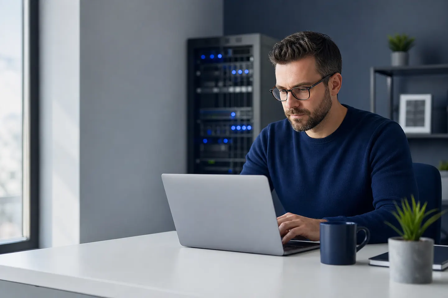 Website owner working on a laptop beside network equipment